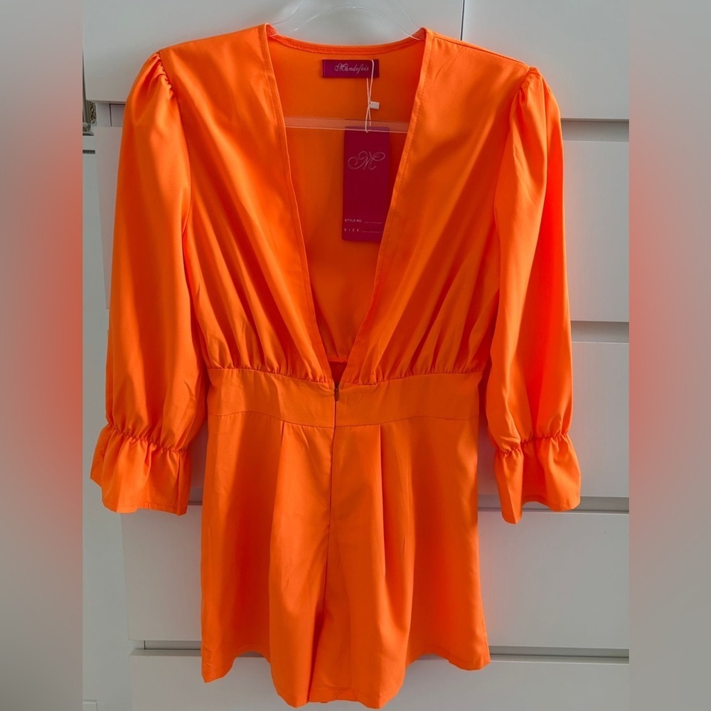 Vibrant Orange Long Sleeve Romper - Size Small - Deep V-Neck